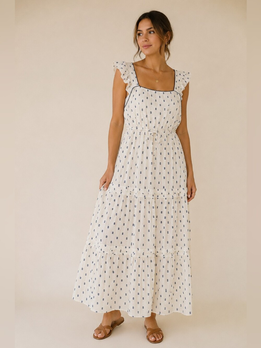 Women's Cream Maxi Dress with Navy Dot Print